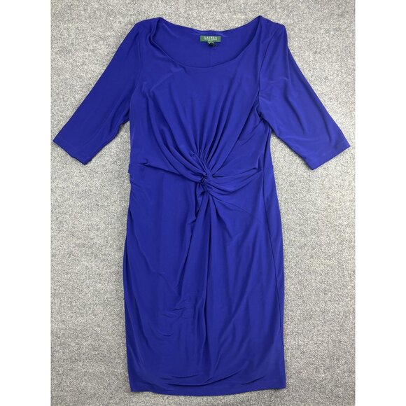 Lauren Ralph Lauren Dress Womens 14W Blue Twist Knot Front Ruched Stretch Sheath - Picture 1 of 7